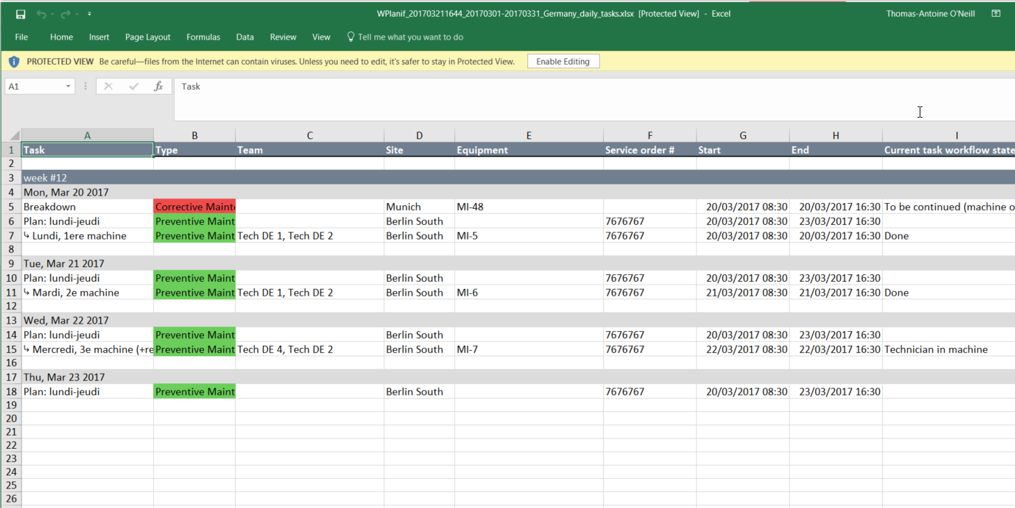 Excel export of daily timesheet