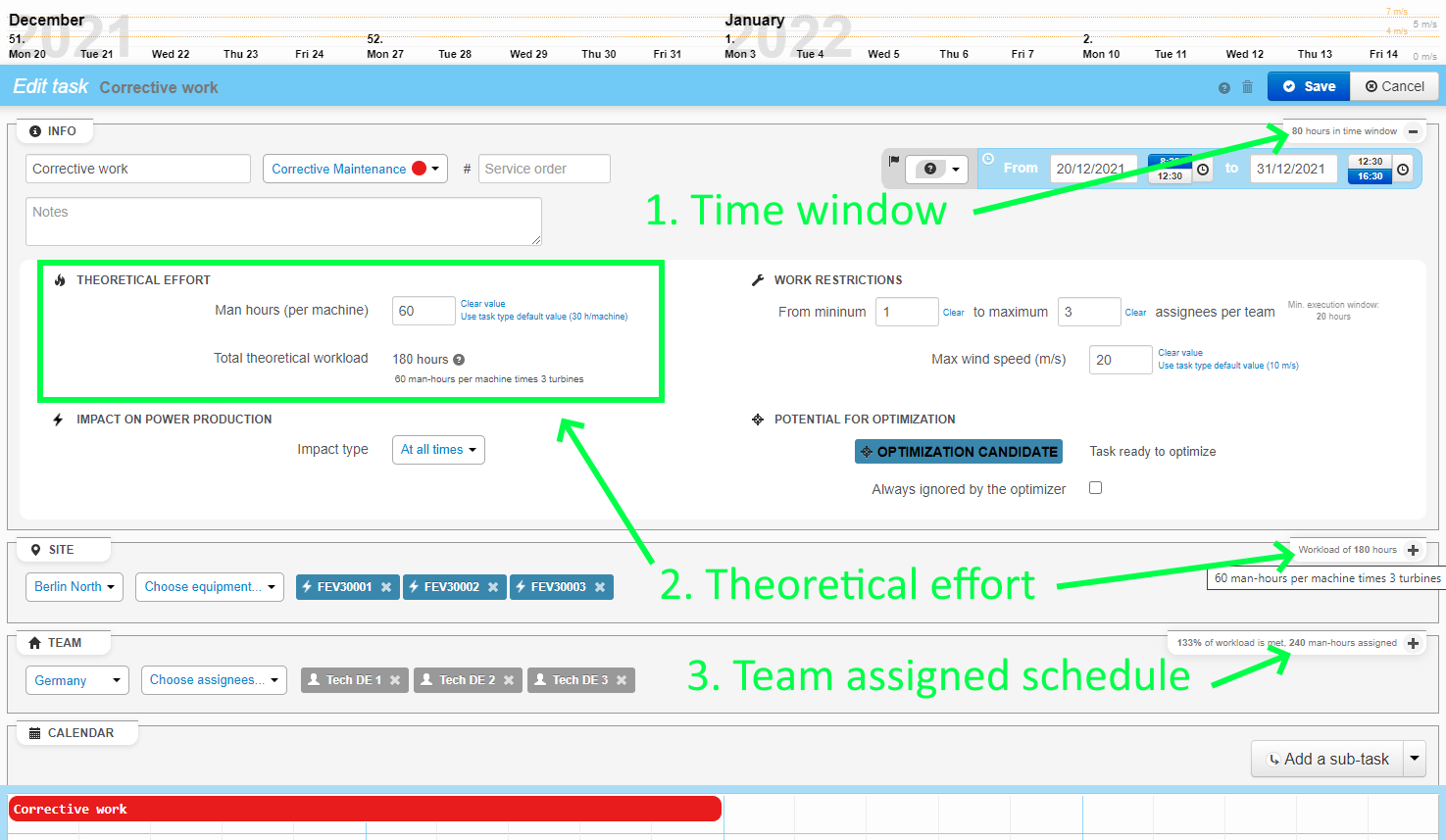 Time window, workload and assignments